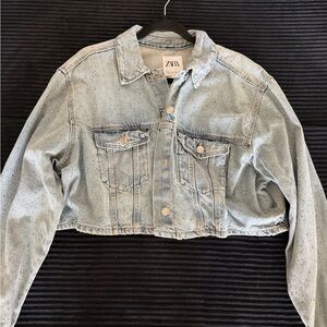 Zara Rhinestone Denim Cropped Jacket